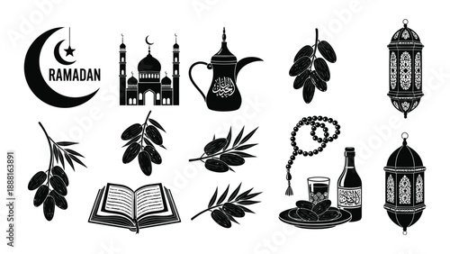 Ramadan kareem islamic symbols and icons set with mosque lanterns quran and traditional tea