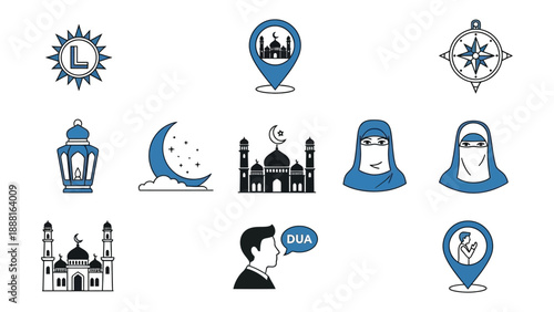 Ramadan icons set with mosque lantern and hijab symbolizing islamic culture and faith