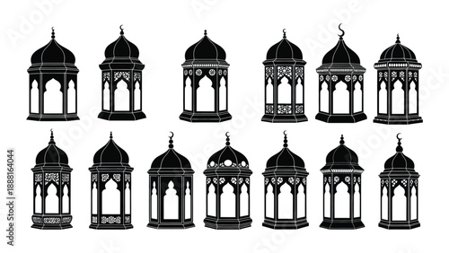 Collection of ornate black lanterns with domed tops and intricate designs on white background for decoration and ramadan celebrations