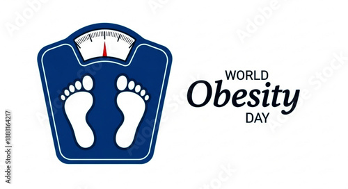 World Obesity Day awareness illustration featuring a scale with foot imprints and text graphic