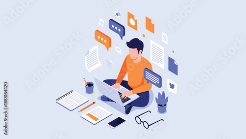 Young freelancer working on laptop from home office surrounded by floating digital communication icons.