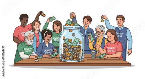 Diverse group of people contributing money to a large glass jar for charity.