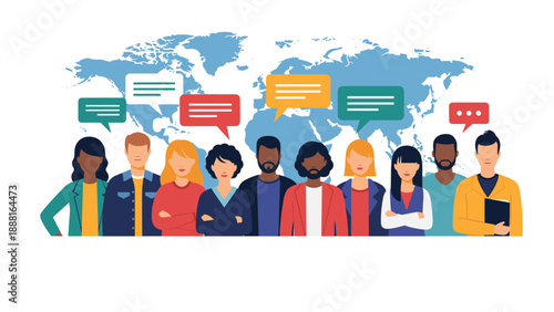 Diverse team of people in front of world map communicating with colorful speech bubbles in global network.