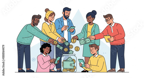 Diverse group of people contributing money to a donation jar.
