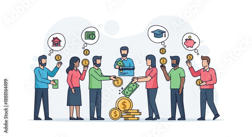 Diverse group of people contributing to a central fund with financial goals visualized.