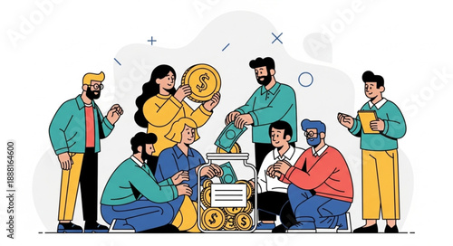 Diverse group of people contributing to a shared fund for financial growth.