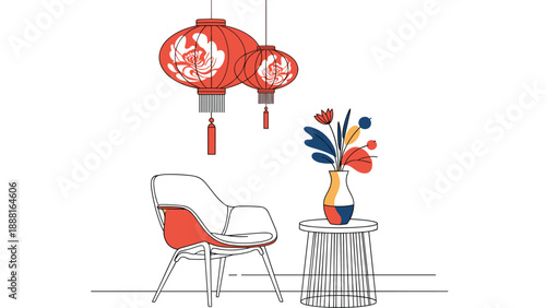 Modern home interior corner with designer chair flowers and chinese lanterns for festive atmosphere.