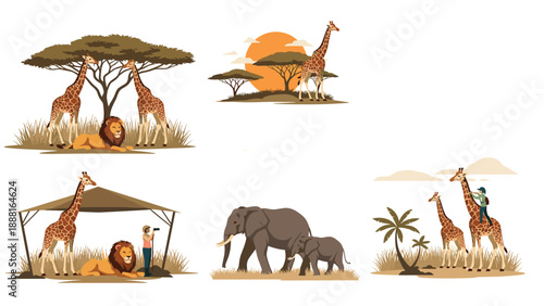 Collage of african savanna wildlife featuring giraffes lions and elephants in their natural habitat.