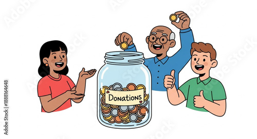 Diverse group of people donating coins to a jar.