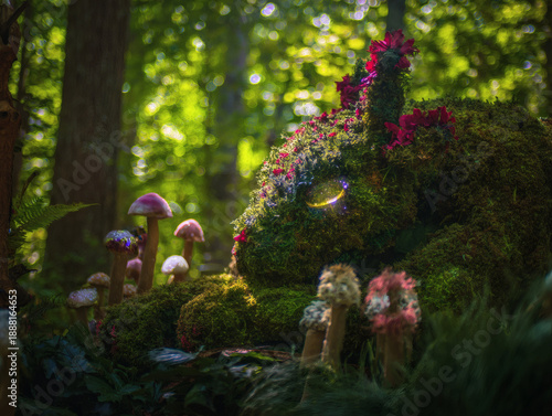 The Silent Guardian of the Emerald Sanctuary, Moss-Sculpted and Crowned with Crimson Blooms, Gazing with a Spectral Golden Glimmer