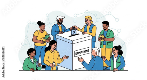 Diverse group of people casting votes in a ballot box during an election.
