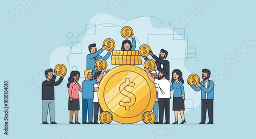 Diverse group of people celebrating around a giant golden Bitcoin cryptocurrency coin.