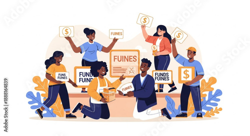 Diverse group of people celebrating financial success and investment growth.