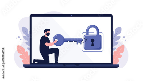 Cyber security concept with hacker inside laptop trying to unlock padlock with key to steal private data.