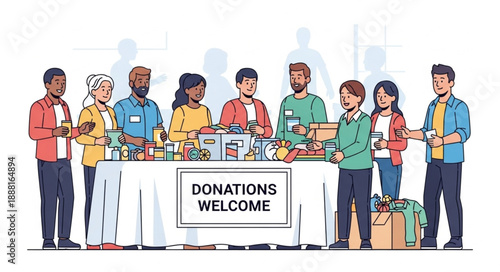 Diverse group of people collecting donations at a welcome table.