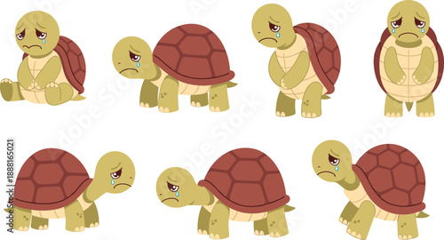 Sad Cartoon Turtle Character Illustration Set Showing Crying and Depressed Emotions for Mental Health Awareness, Emotional Design, Kids Stories, and Vector Graphics