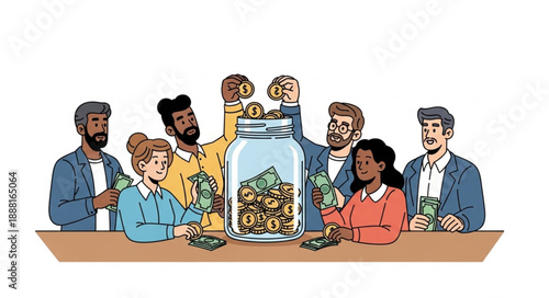 Diverse group of people contributing coins to a large glass jar filled with money.