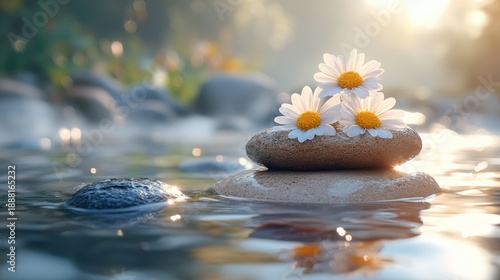 Stacked black stones adorned with flowers rest on the water surface in a serene spa environment, with lush green plants and gentle natural light enhancing the peaceful atmosphere