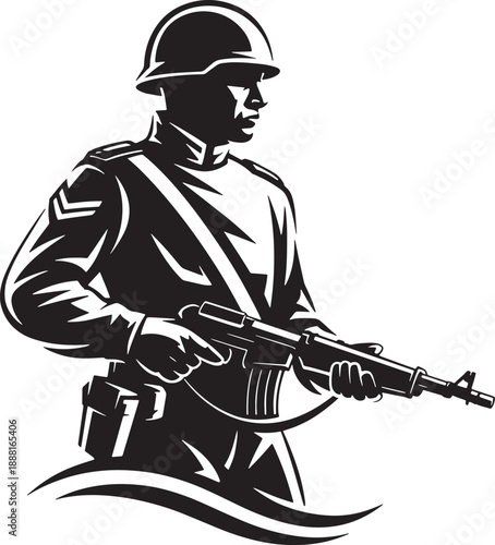 Stylized depiction of a soldier holding a rifle in black and white
