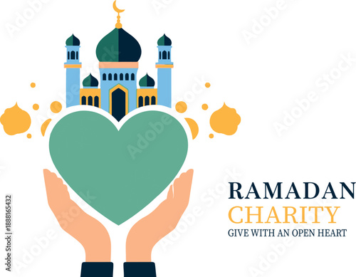 Ramadan charity and generosity illustration with a mosque and hands holding a heart for giving