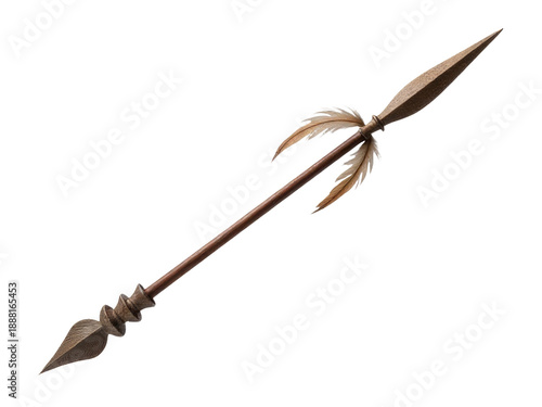A wooden arrow with colorful feathers on a white background, suitable for hunting or outdoor-themed designs