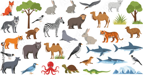Wildlife and Animal Cartoon Illustration Set Featuring Forest, Desert, Ocean, and Arctic Species for Kids Education, Learning Materials, Infographics, and Vector Design