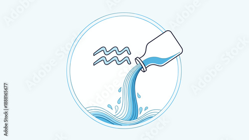 Stylized illustration of the Aquarius zodiac sign featuring water pouring from a vase into waves within a circular frame.