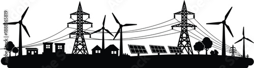 Renewable energy infrastructure with wind turbines solar panels and power lines  clean electricity generation