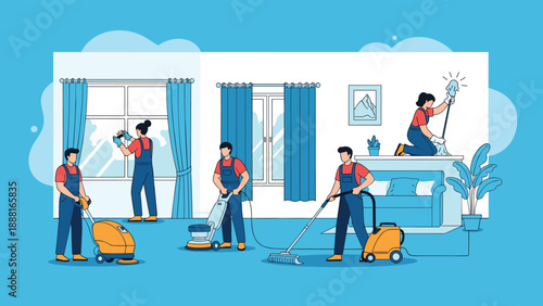 Team of professional cleaners in blue uniforms working together to clean a modern home using various specialized equipment.