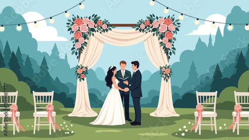 Beautiful outdoor wedding ceremony with a bride and groom standing at the floral altar in a scenic forest park location.