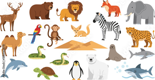 Wildlife Animal Cartoon Illustration Set Featuring Safari, Forest, Desert, Arctic, and Ocean Species for Kids Education, Learning Materials, and Vector Design