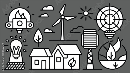 Eco-friendly energy icon set featuring renewable resources like wind, solar, and water for sustainability themes