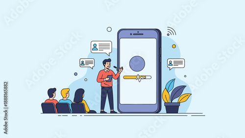 Presenter explaining mobile app features using a large smartphone display to an interested audience in a seminar setting.