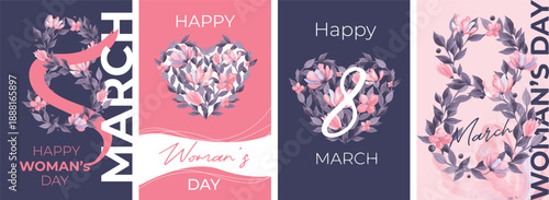 March 8. Happy women's day, women, international women's day, flowers lovely colorful vector illustrations. Modern design. Typography. Background for poster, t-shirt, banner, card, social media post.