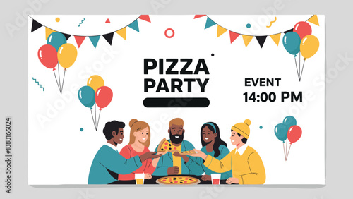 Group of friends enjoying a pizza party event with colorful balloons, bunting, and drinks in a festive social gathering.