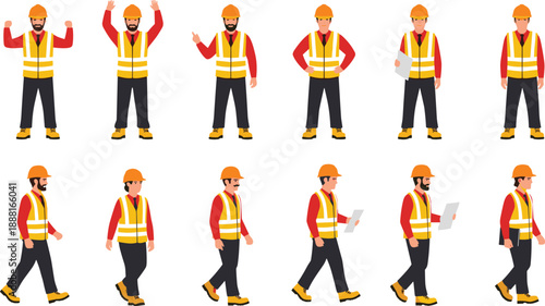Construction worker character set, safety helmet and reflective vest poses, industrial labor man illustration for engineering workforce vector design collection