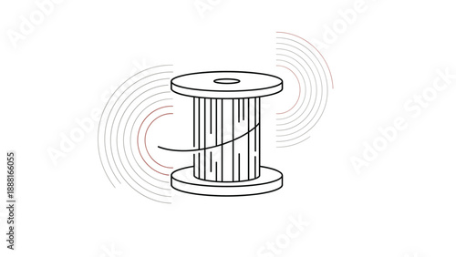 Line art illustration of an electrical cable reel or spool showing wound wire and electromagnetic waves radiating outward.
