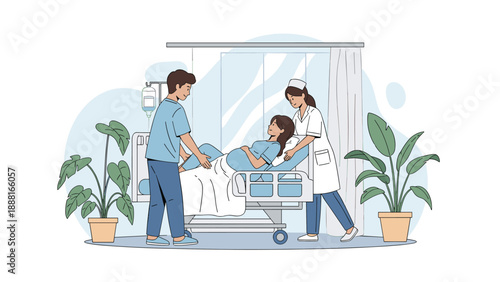 Medical team assisting a pregnant woman in a hospital bed within a modern and well-equipped maternity ward room.