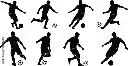 Silhouette of soccer players kicking ball in various poses