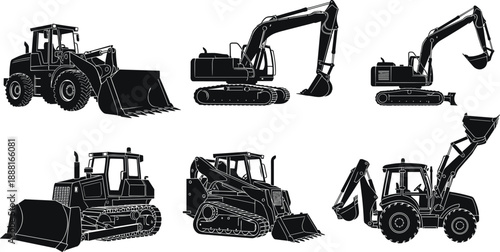 Construction machinery silhouettes set, wheel loader, excavator, bulldozer, skid steer, backhoe, heavy equipment icons for industrial engineering design vector