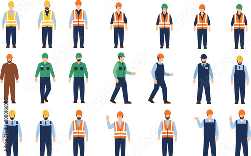 Construction worker characters set, safety helmet and vest, industrial labor people icons for engineering workforce illustration vector design collection