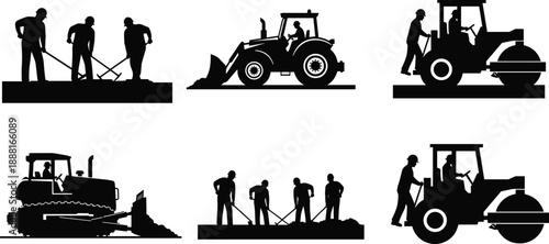 Construction workers and machinery silhouettes set, road roller, bulldozer, tractor, labor teamwork icons for industrial engineering infrastructure design vector