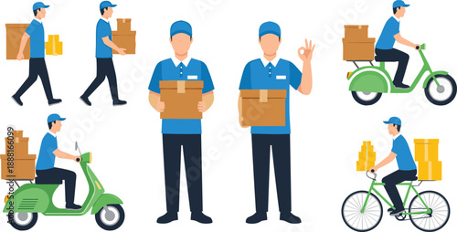Delivery courier character set, scooter and bicycle shipping service, logistics worker carrying boxes for transportation workforce vector illustration design