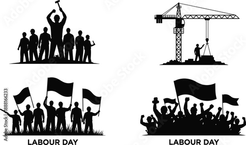 Labour Day silhouettes set, workers protest, construction crane, labor movement, teamwork celebration icons for industrial social rights vector illustration design