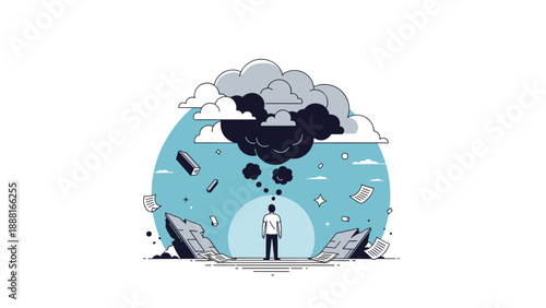 Concept illustration of a small person standing before massive dark storm clouds representing mental pressure or challenges.