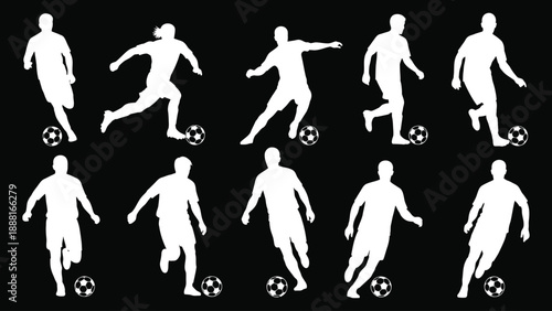 Silhouettes of soccer players in various poses with footballs on black background