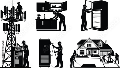 Service and maintenance worker silhouettes set, telecom tower, home appliance repair, residential installation, technical support icons for engineering service vector