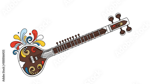 Beautifully decorated sitar musical instrument with vibrant and colorful abstract swirl patterns emanating from the base.