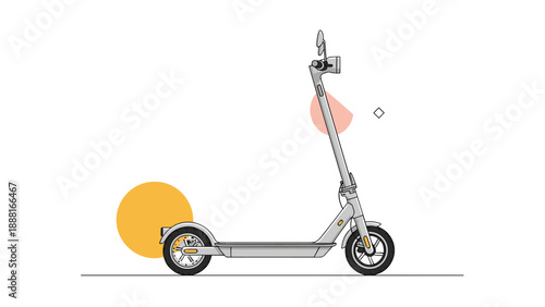 Side profile view of a modern grey electric kick scooter with various abstract colored circles in the background.