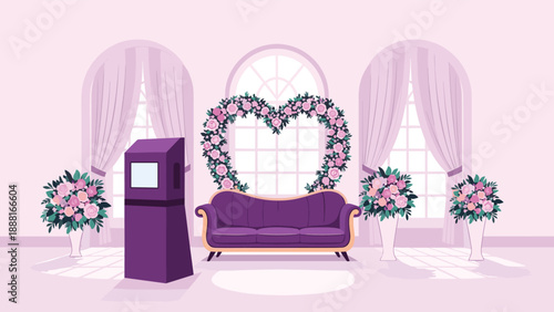 Elegant wedding reception hall interior featuring a purple sofa, heart-shaped floral arch, and large arched windows.